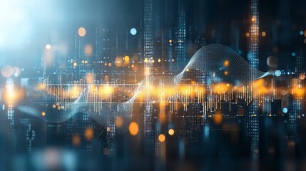 Dynamic digital waveforms futuristic city data visualization urban environment close-up view technology concept