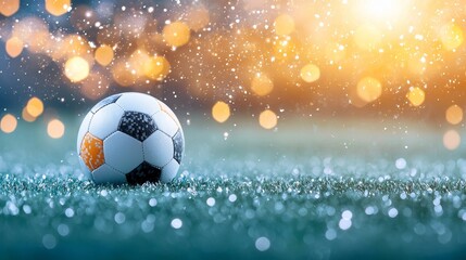 Fototapeta premium Exciting soccer match under sparkling lights stadium field sports photograph evening atmosphere close-up view action-packed moment