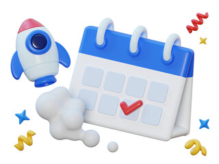 cartoon style calendar and rocket 3D graphic
