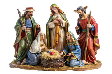 Detailed nativity figurine set depicting the holy family and shepherds in rich colors transparent background