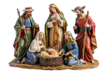 Detailed nativity figurine set depicting the holy family and shepherds in rich colors transparent background