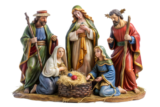 Detailed nativity figurine set depicting the holy family and shepherds in rich colors transparent background