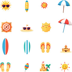 Colorful Summer Icon Set – Suns, Surfboards, Umbrellas, Flip-Flops, Sandcastles & Beach Elements for Seasonal Design Use