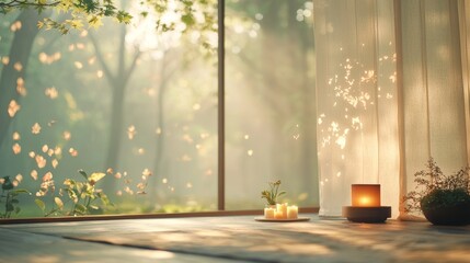 Relaxing meditation setup serene nature environment calm indoor space peaceful viewpoint mindfulness concept for wellbeing