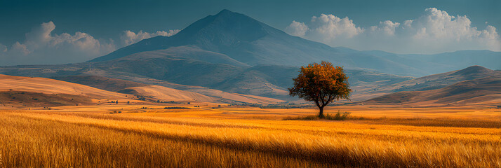 Golden Wheat Field with Single Tree and Mountain Bacground