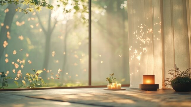 Relaxing meditation setup serene nature environment calm indoor space peaceful viewpoint mindfulness concept for wellbeing