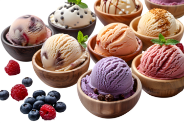 Cream Vibrant Playful Isolated Transparent Background Collection Ice Bowls Scoops Assorted Flavors Arranged Template Branding Social Media Poster Banner Marketing Ecommerce Web Print Cop SEO Optimized