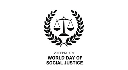 Vector illustration of world day of social justice emblem with scales of justice and laurel wreath