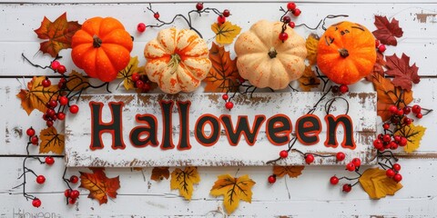 Halloween Banner with Realistic Pumpkin and Berries, Leaves Decoration on White Wooden Table.