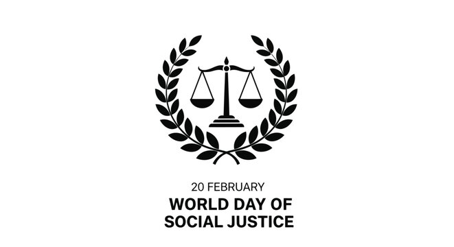 Vector illustration of world day of social justice emblem with scales of justice and laurel wreath