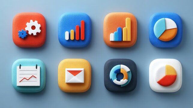 Business icon collection in circular layout, clear bright colors, vibrant visuals, high quality details, photorealistic graphic elements.