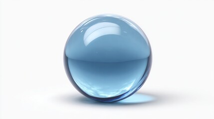 A perfectly smooth, light-blue glass sphere rests on a white surface, casting a subtle shadow, showcasing its reflective and refractive qualities.  The sphere appears 