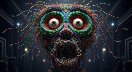 Abstract shocked face made of tangled colorful electrical wires and cables
