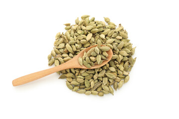 Wooden spoon with cardamom spice on white background