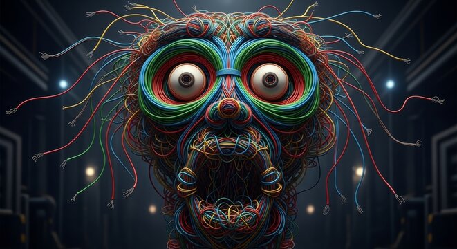 Abstract shocked face made of tangled colorful electrical wires and cables