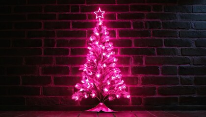 Neon pink Christmas tree on dark brick wall. 7