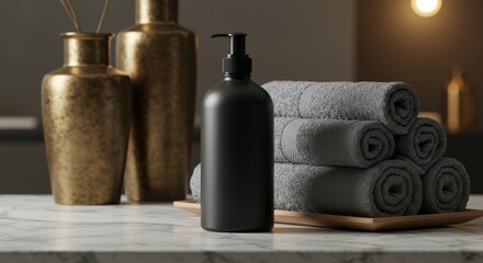 Elevate your bath space with this sleek black soap dispenser set against soft towels and golden vases for a spa inspired minimalist style