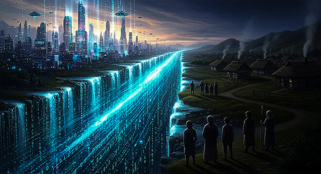 Futuristic City and Rustic Village Separated by Digital Divide