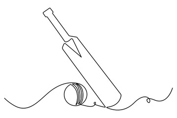 Obraz premium Continuous one line drawing of cricket bat ball and wicket stumps professional sports outline vector illustration 