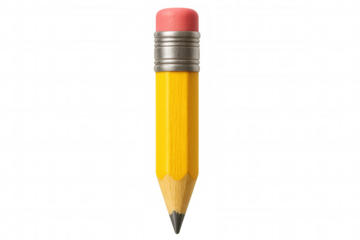 Short yellow pencil with pink eraser and metal ring, ready for writing or drawing, isolated on transparent background