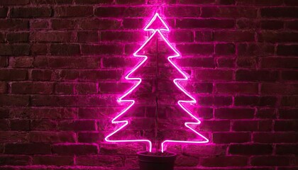 Neon pink Christmas tree on dark brick wall. 5