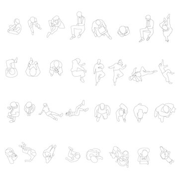 Large vector set of 32 people in line art style, drawn from a top view. Includes a variety of poses: sitting, working with laptop, reading, relaxing, stretching, walking, and casual movements.