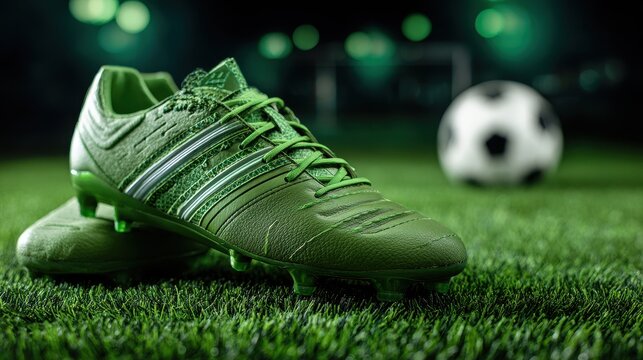 Close up of green soccer cleats on a grassy field with a blurred soccer ball in the background