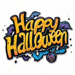 Sticker Style Happy Halloween Text with Jack-O- Lantern on White Background.