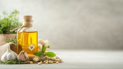 Herbal oil preparation in tranquil kitchen setting natural ingredients culinary art bright and inviting environment