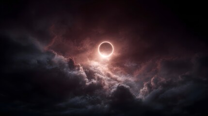 Dramatic solar eclipse showcasing a glowing corona amidst dark swirling clouds creating a mysterious and powerful celestial event in the twilight sky