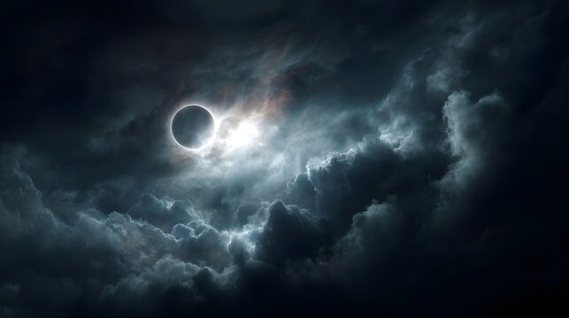 A mesmerizing solar eclipse illuminates the dramatic dark sky revealing a radiant corona through swirling ominous clouds