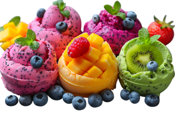 Exotic Flavors Like Mango Kiwi Dragonfruit Blueberry Vibrant Healthy Dessert Set Isolated Banner Marketing Ecommerce Web Print Copy Space Template Branding Social Media Poster SEO Optimized Vivid