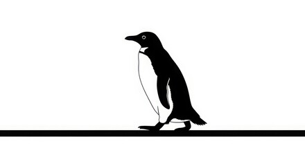 Majestic penguin silhouette standing proudly on a bold black line against a clean white expanse