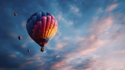 Obraz premium Vibrant hot air balloons ascend gracefully against a beautiful cloud streaked sky at dawn or dusk creating a breathtaking colorful display