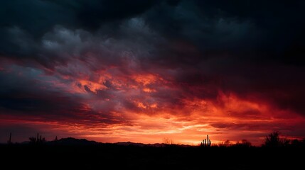 Fototapeta premium Fiery red orange clouds illuminate the dramatic desert sky at dusk casting silhouettes of saguaro cacti and distant mountains against a vibrant