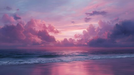 Fototapeta premium Vibrant pink and purple clouds fill the sky over a tranquil ocean and reflective beach during a colorful sunrise or sunset