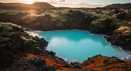 A serene geothermal pool with vibrant turquoise water, surrounded by moss-covered volcanic rocks and rugged terrain under a dramatic sky.