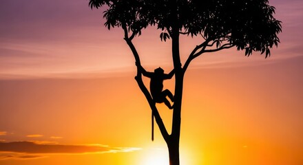 Silhouette of a monkey climbing a tree against a vibrant sunset sky