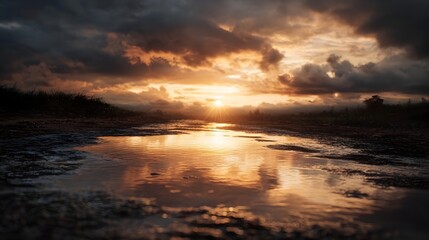 Naklejka premium Golden light breaks through dramatic storm clouds reflecting brilliantly in a serene roadside puddle at sunset