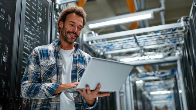 Data Center Focus: IT Specialist Monitoring Systems with Laptop in Server Room