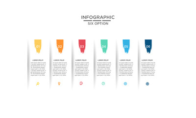 Business infographic template with six colorful options, steps, or features, illustrating a workflow, process, or data visualization for presentations and reports.