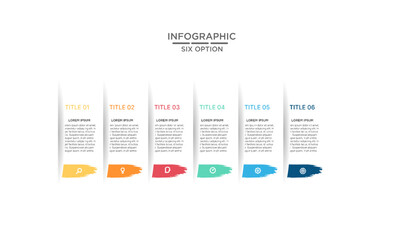 Six step business infographic template for process flow, options, and presentations with icons