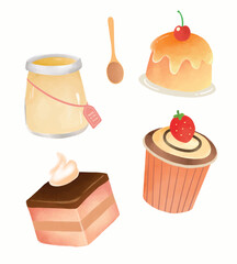 Cute delicious pudding illustration watercolor collection set. Sweet dessert painting isolated vector for cafe, menu, asset, design, promotion