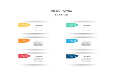 Infographic design template with six numbered options or steps, featuring colorful brush stroke titles and placeholder text.