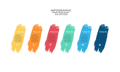 Infographic template with six colorful brushstroke options, icons, and text for presentation or data visualization.