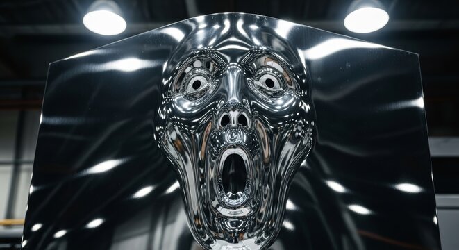 Abstract screaming face made of liquid chrome metal - Powered by Adobe