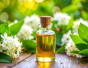 Amber essential oil in small glass bottle, surrounded by white flowers and green leaves on rustic wooden surface