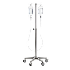 Hospital IV stand with drip bags isolated on white background, PNG