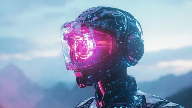 Astronaut wearing futuristic helmet exploring alien planet with pink and blue atmosphere