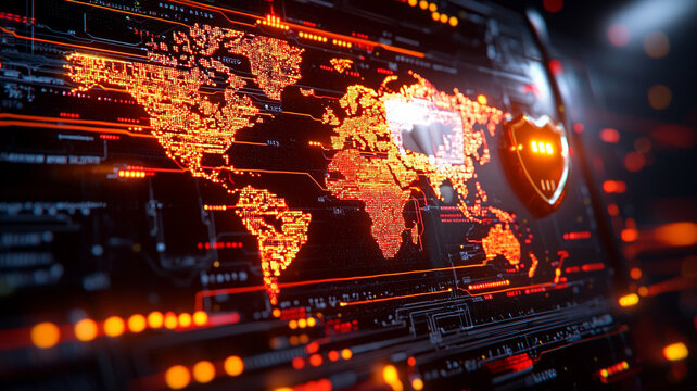 Global Cybersecurity and Data Protection A Digital Illustration of a Glowing World Map with a Protective Shield
